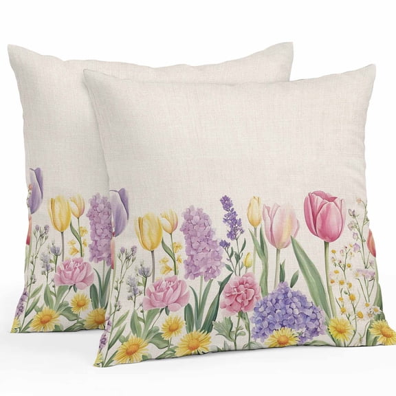 Throw Pillow Covers 24x24 Inch Set of 2, Spring Floral Waterproof Outdoor Pillow Covers, Pink Tulip Summer Botanical Rustic Decorative Cushion Pillowcases for Couch, Sofa, Bed, Garden, Patio