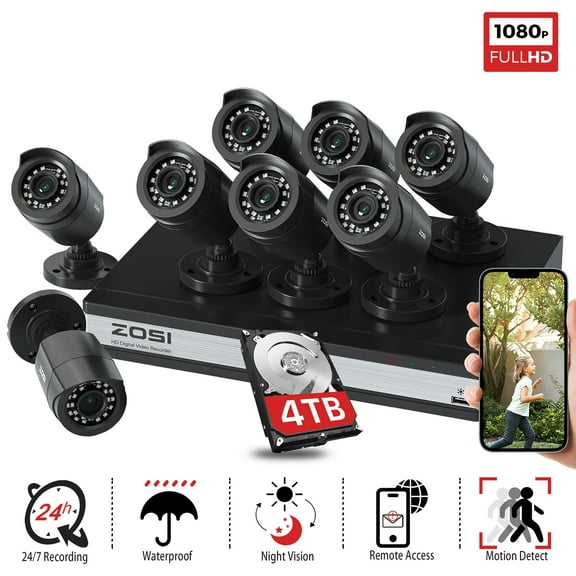 5MP Lite Outdoor Security Camera, 16 Channel ZOSI Security Camera System with 4TB HDD, 8pcs Black Night Vision Secuirty Camera
