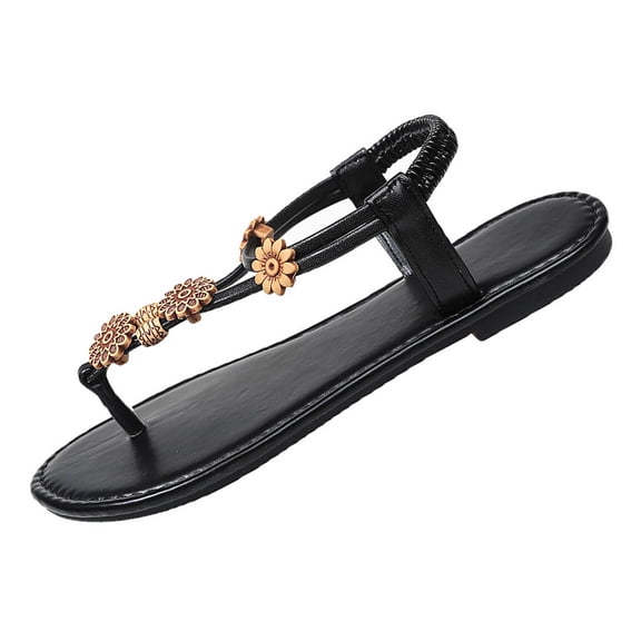Xfvqtps Womens Sandals Bohemian Floral Embellishments Elastic Strap Flat Non Slip Beach Summer Thong Sandals