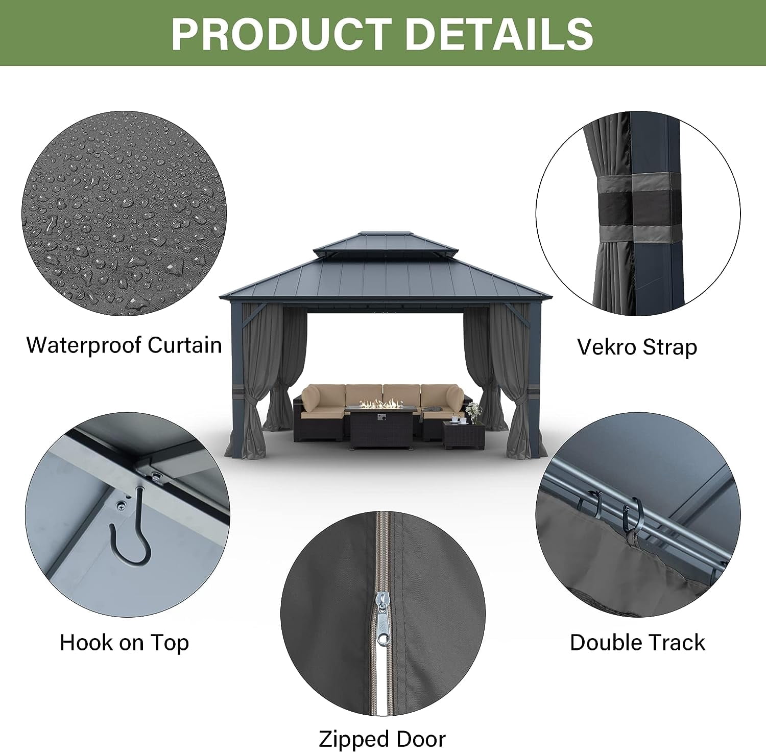 Kullavik 12'x14' Hardtop Gazebo, Outdoor Double Roof Canopy with Netting and Curtains, Galvanized Metal Frame, Sunshade for Patio, Backyard, Deck and Lawns-Gray