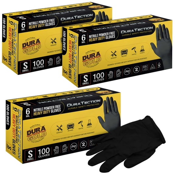 Dura-Gold HD Black Nitrile Disposable Gloves, 3 Boxes of 100, Size Small, 6 Mil - Latex Free, Powder Free, Textured Grip