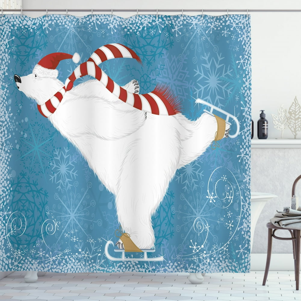 Bear Shower Curtain, Polar Bear with Christmas Hat and Scarf Ice