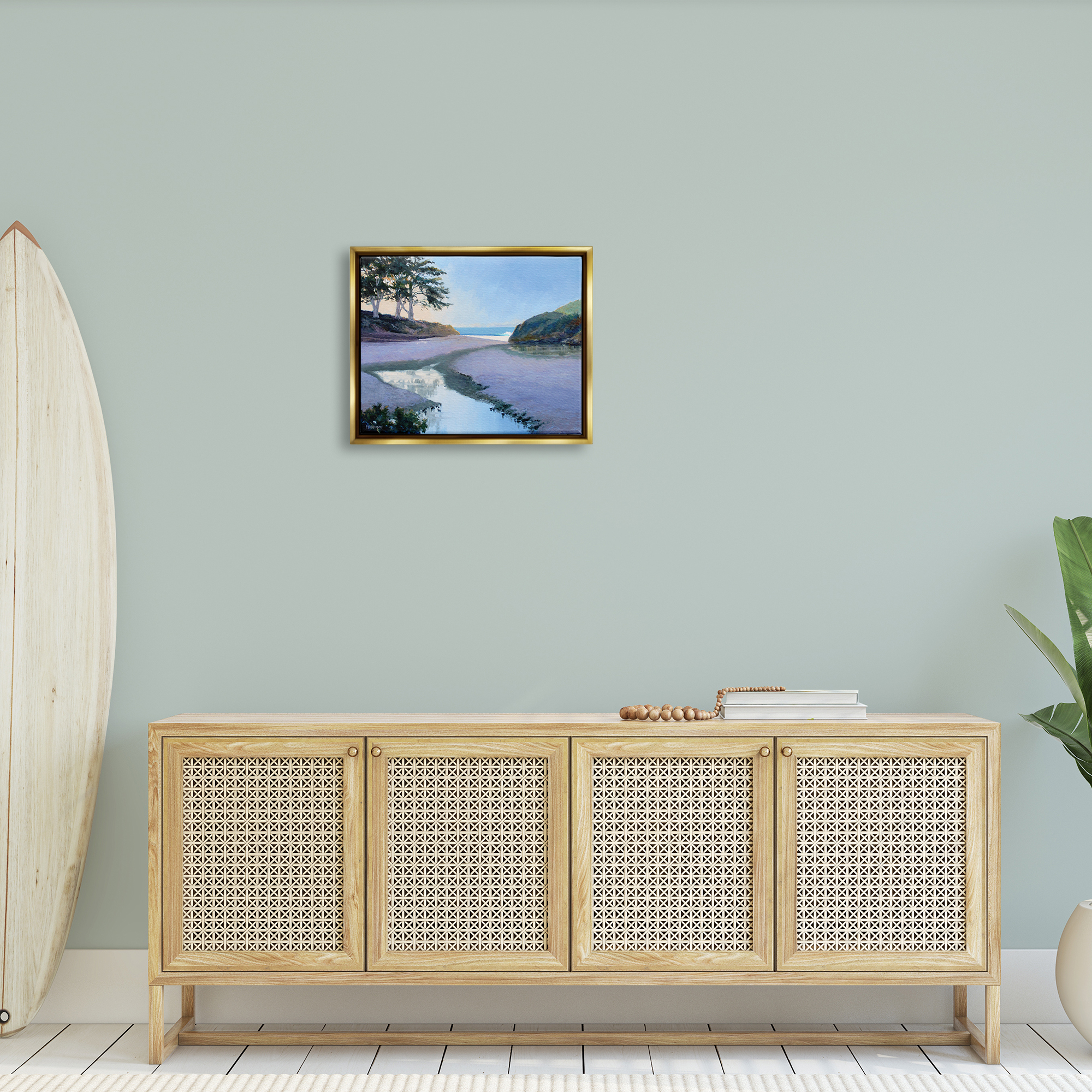 Stupell Seaside Riverbank Beach Shore Landscape Painting Gold Floater Framed Art Print Wall Art