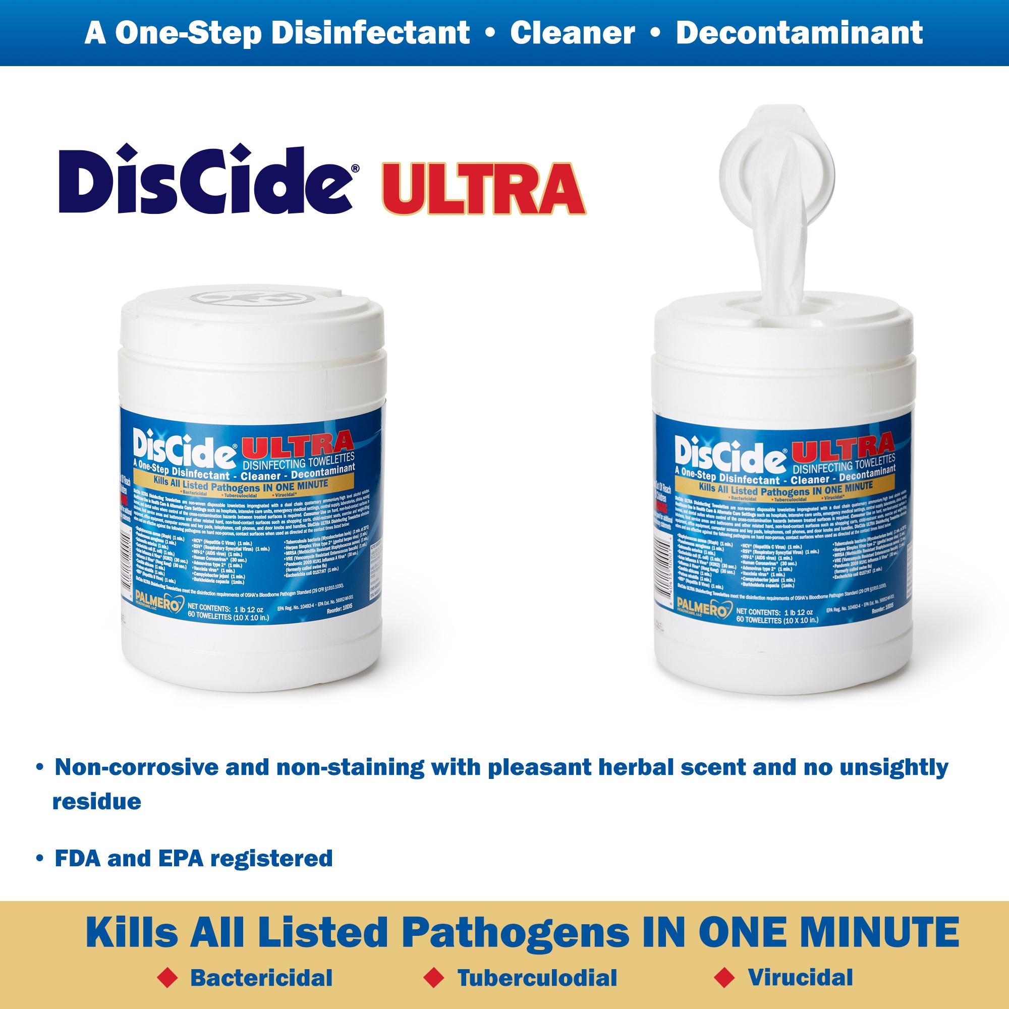 DisCide Ultra Surface Disinfectant Cleaner Wipe Canister Herbal Scent 60 Ct 10DIS