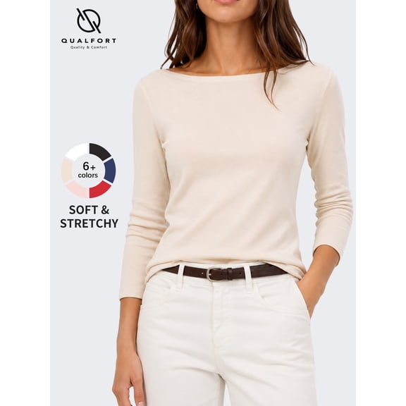 Women's Boat Neck 3/4 Sleeve T-Shirt, Cotton Modal Slim Fit Top, Beige, S