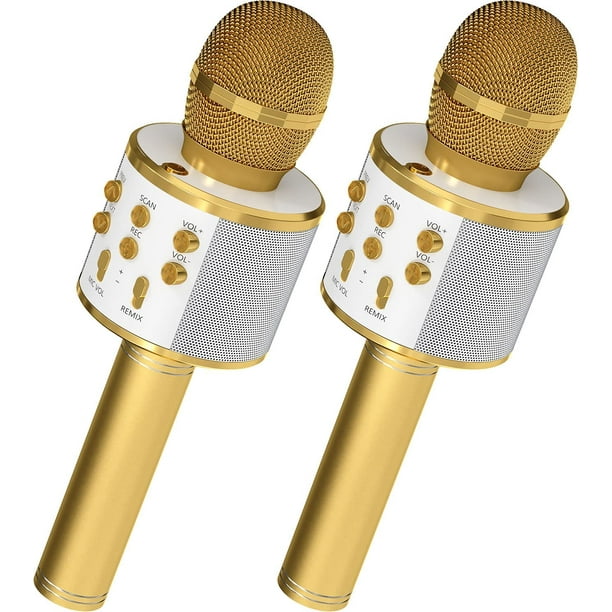 Microphone karaoké Bluetooth sans fil doré 2 en 1 avec haut