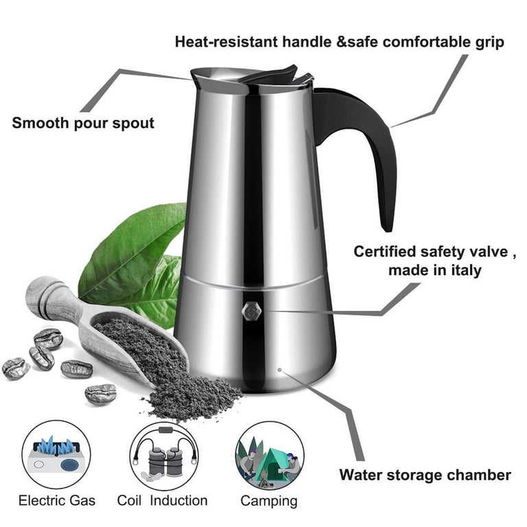 1pc 304 Stainless Steel Moka Pot Espresso Coffee Pot Espresso Coffee Maker (Silver), Size: 11.5x11x18.5cm