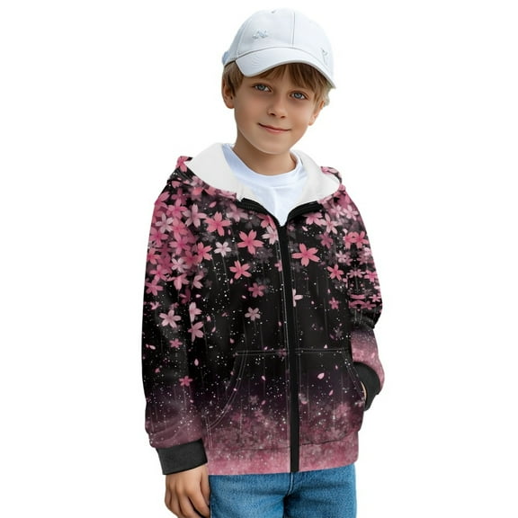 FKELYI Pink Cherry Blossoms Print Zipper Front Hoodies for Kids Long Sleeve Sweatshirt Fleece Jacket with Pockets for Boys Girls Fall Top Winter Clothes, XL