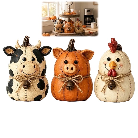 Rustic Farm Pumpkin Friends Decor Set, Hand-Painted Fall Ornaments for Mantel, Shelf & Tabletop, Cozy Farmhouse Accent for Thanksgiving and Autumn Display