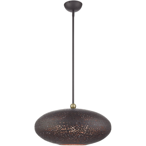 3 Light Bronze Pendant light Hanging Light Fixture with Bronze Filigreed Ornamental Metal with Gold finish Inside Shade
