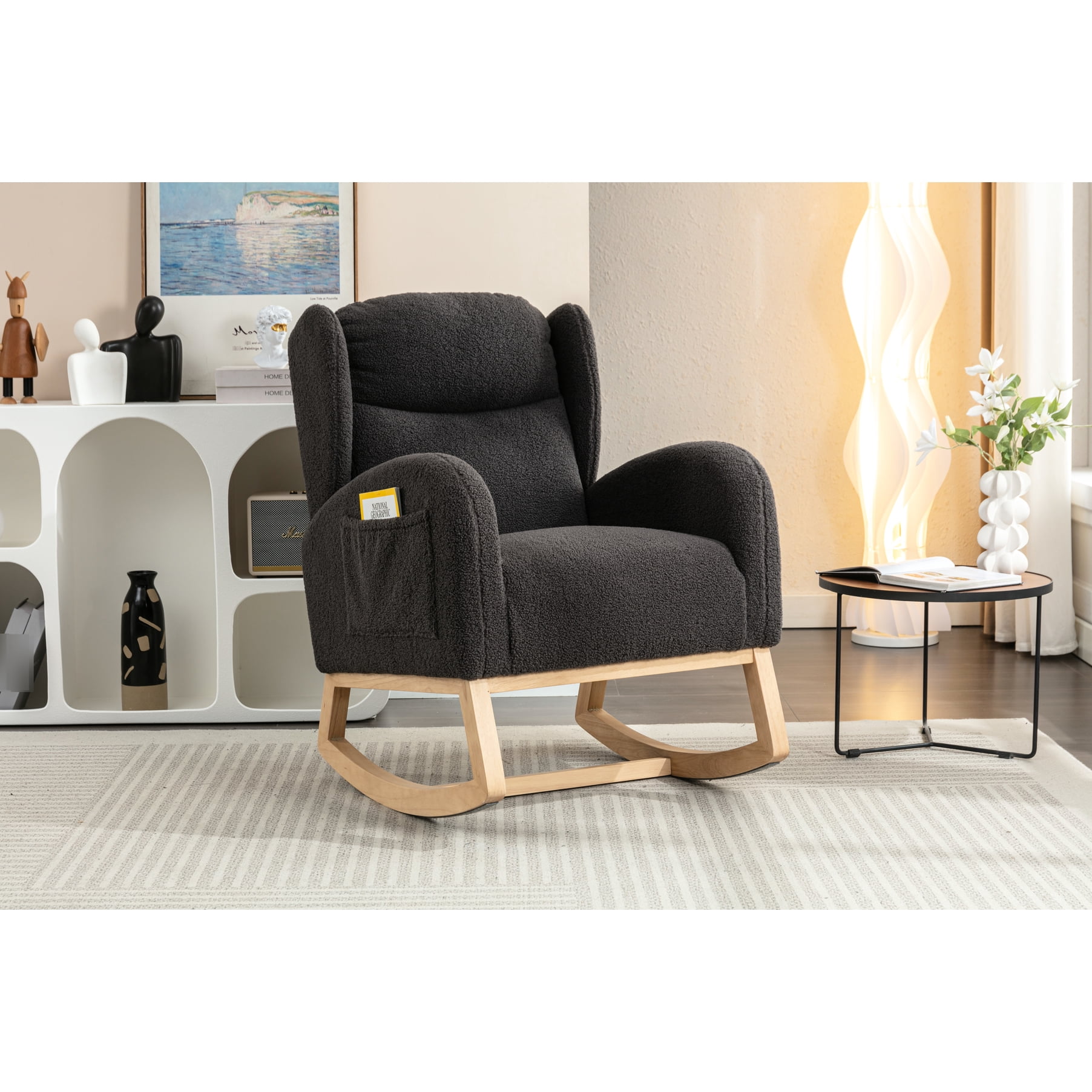 Back Dark Gray Fabric Rocking Chair With Wooden Components And Fill For Living Ergonomic Room Wood Parts