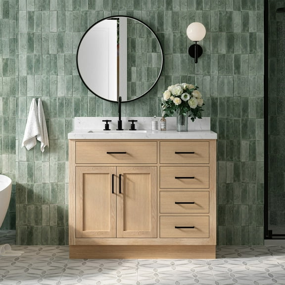 Ariel Hepburn 42 Inch Single Rectangular Sink Bathroom Vanity With Carrara White Quartz Countertop 1.5 Inch Edge In Oak