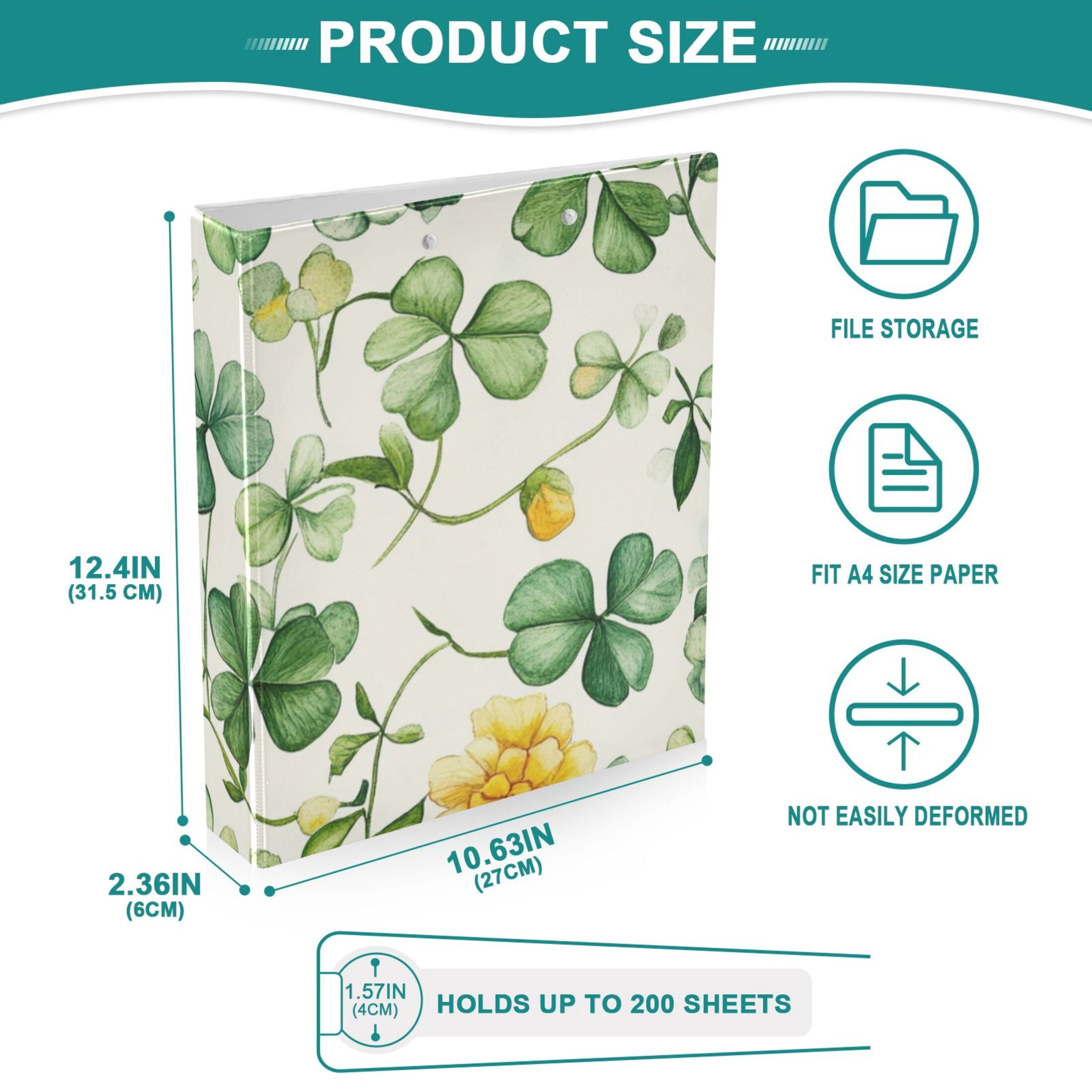 Clover Leaves Flowers 3 Ring Binders 1.5 inch Hardcover File Folders with Interior Pockets A4 Size Organizer for School Office Hospital