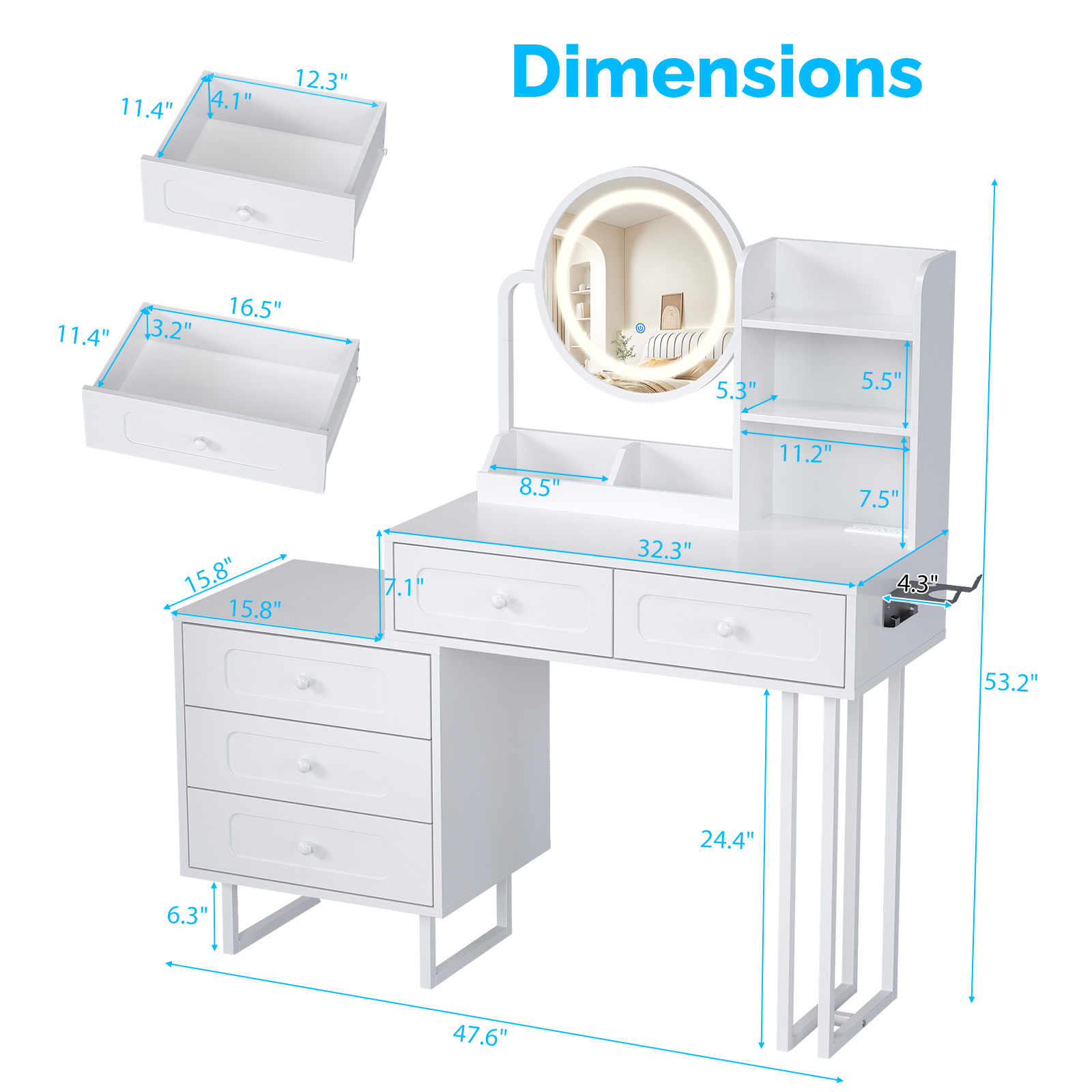 Ktaxon Lighted Makeup Vanity, Vanity Table Set w/ Charging Station, Hair Dryer Rack, White