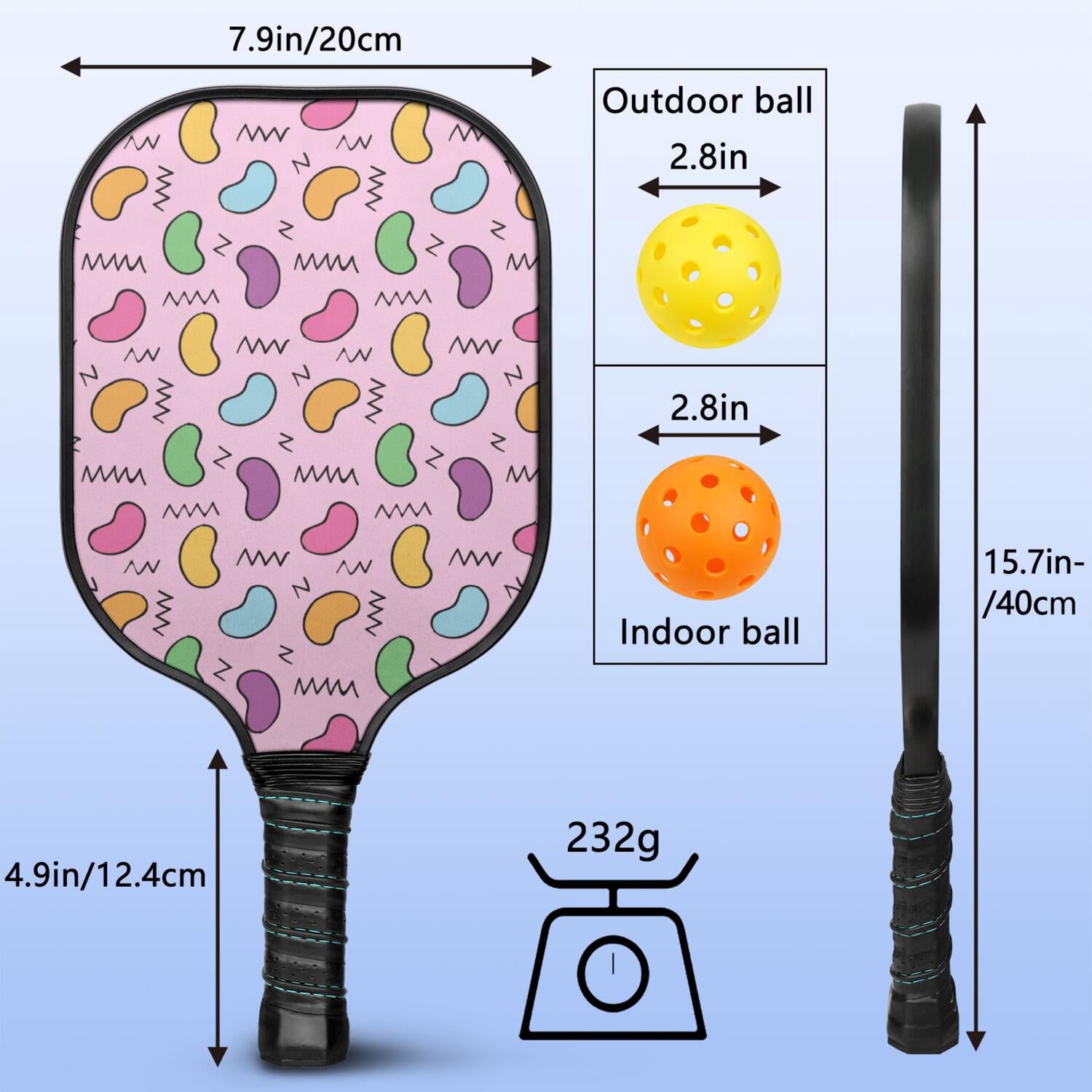 Pickleball Paddles Set Of 1, Fiberglass Surface, Sweet Candy Print, 1 Paddle, 2 Balls & Bag