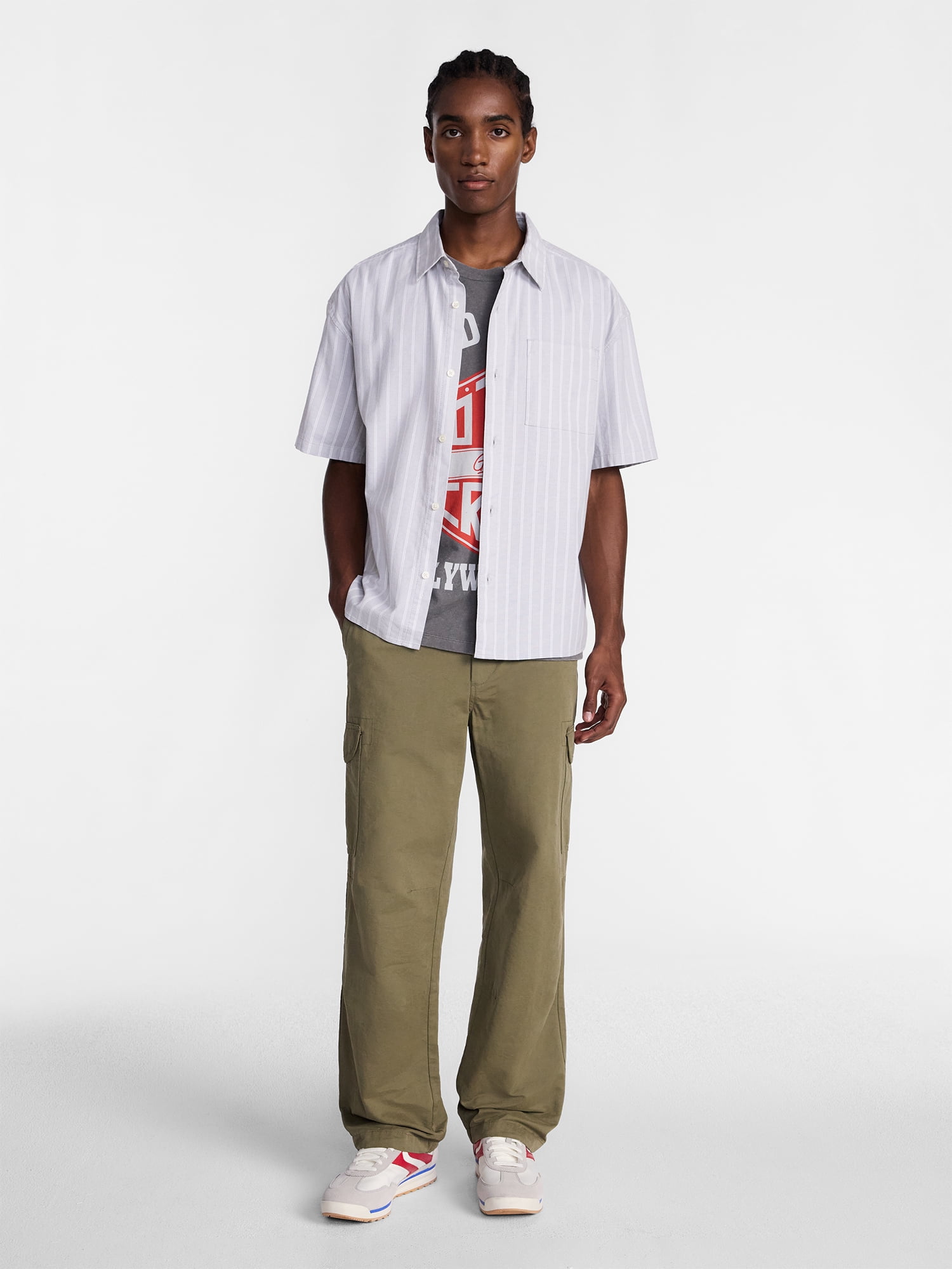 No Boundaries Boxy Cropped Fit Oxford Shirt with Short Sleeves, Men's XS-5XB