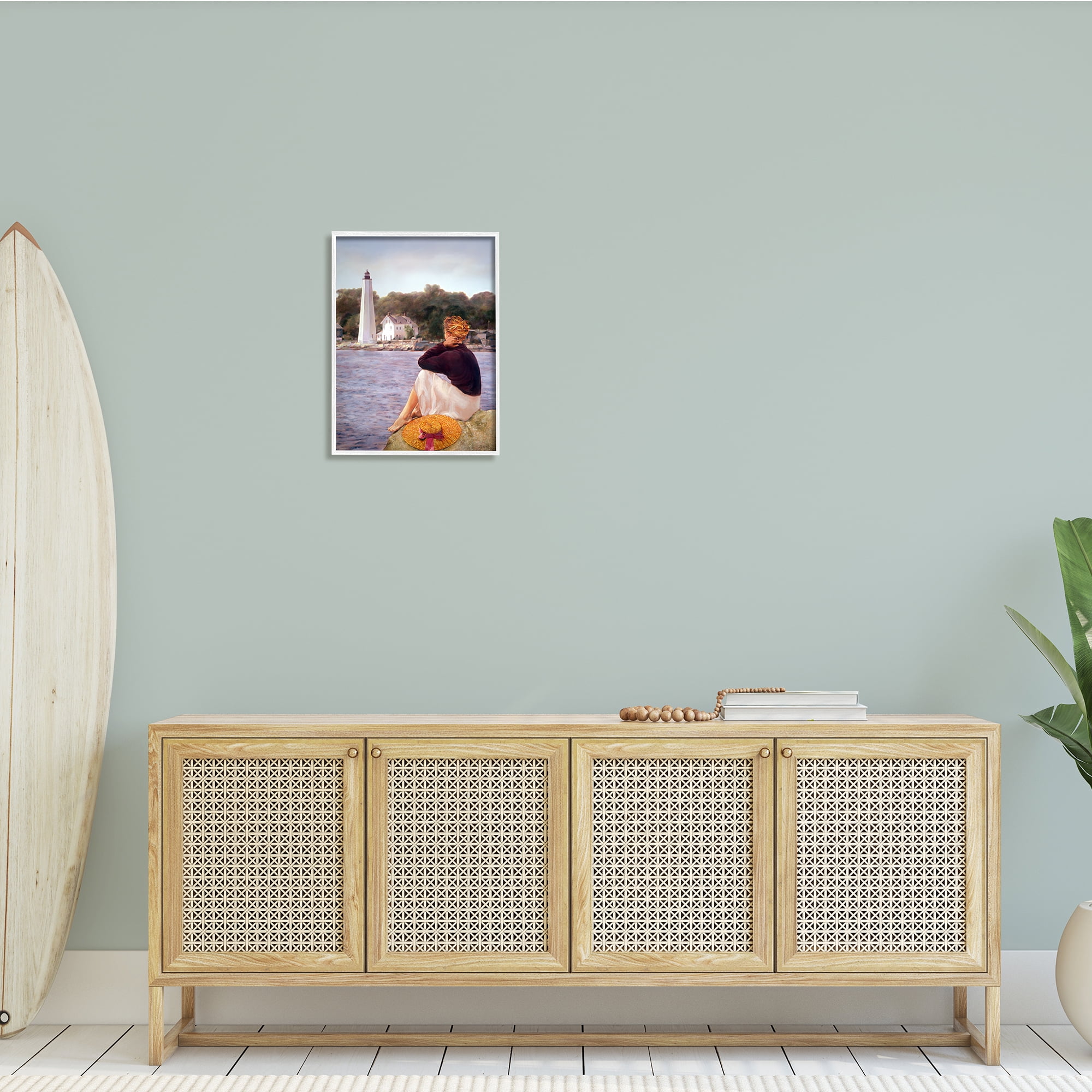 Stupell Industries Woman at Shoreline Coast Lighthouse Realistic Nautical Painting, 16 x 20, Design by Robert Desantis
