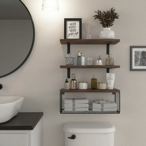 Longqi Brown Bathroom Floating Shelves Over Toilet, 15.7in Farmhouse Rustic Wood Shelves, Wall Decor For Bathroom, Living Room,Bedroom And Kitchen