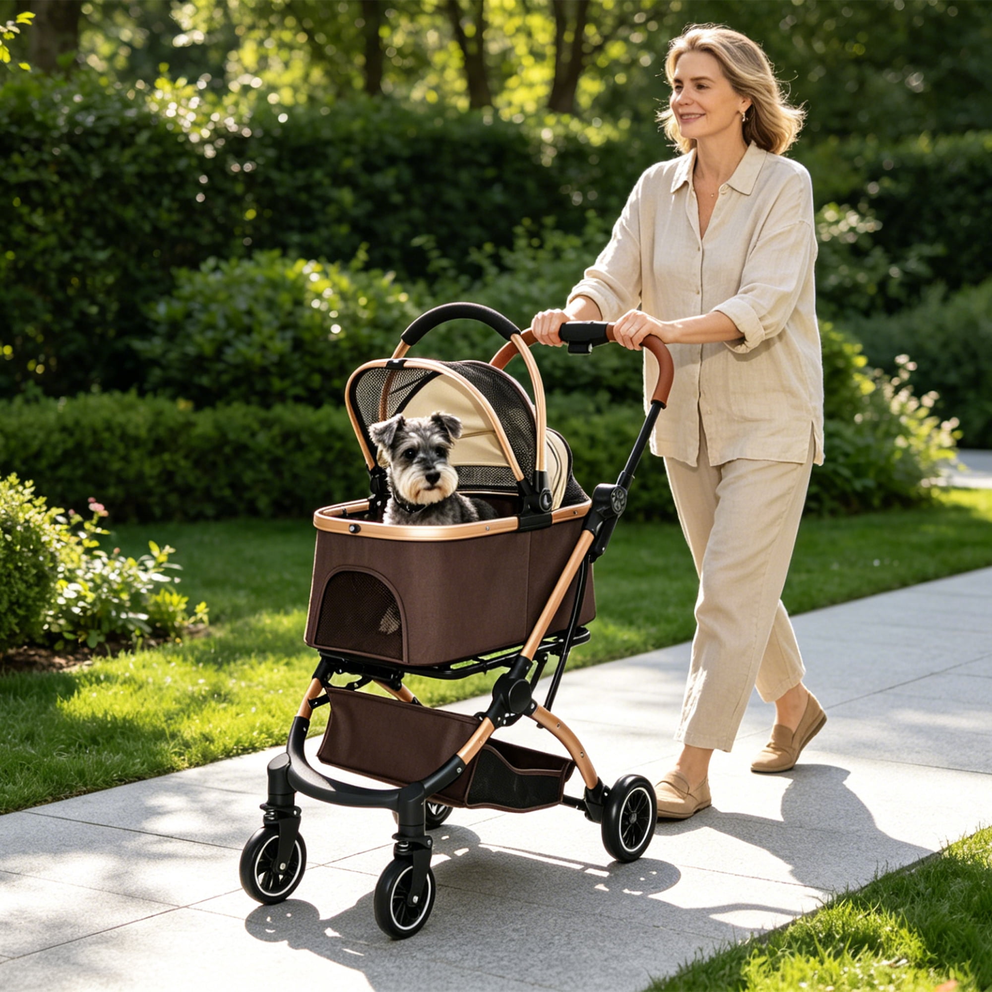 2-in-1 Detachable Foldable Pet Stroller, Holds 28 LBS, Breathable Basket with Sunshade, Shockproof Lockable Wheels, Telescopic Handle & Storage for Small Medium Dogs Cats