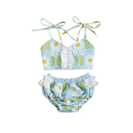 

Gwiyeopda Girls Summer Two-piece Swimming Clothes Set Light Blue Floral Printed Pattern Suspender Tops + Shorts 6 Months-3 Years