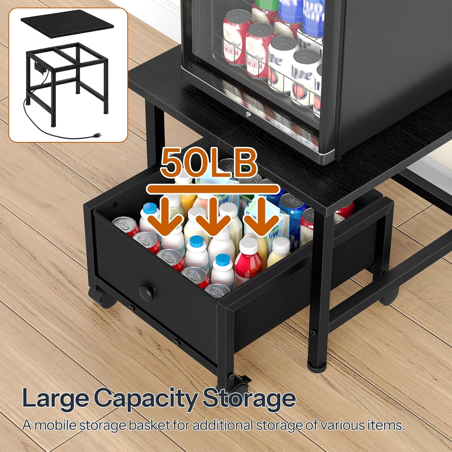 Mini Fridge Stand with Non-Woven Storage Basket and Power Outlet, Mobile Fridge Shelf for Home Apartment Dorm Black
