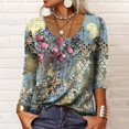 thumbnail image 1 of Camisa elegante retro con cuello en U, botones y manga larga con estampado geométrico de flores, 1 of 6