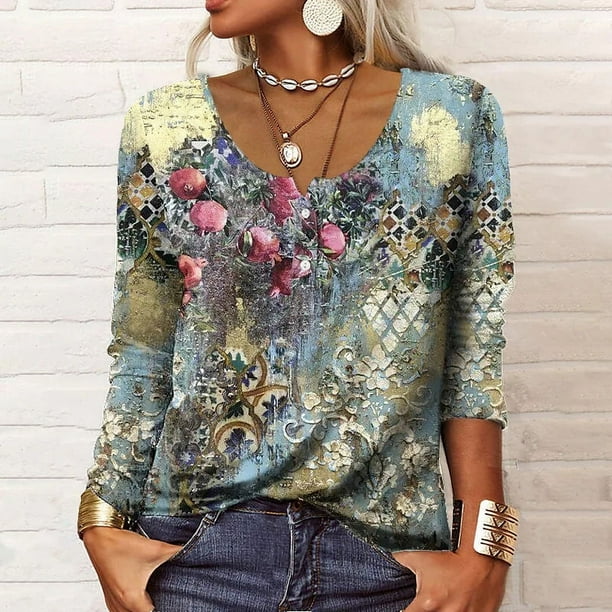 Camisa elegante retro con cuello en U, botones y manga larga con estampado geométrico de flores