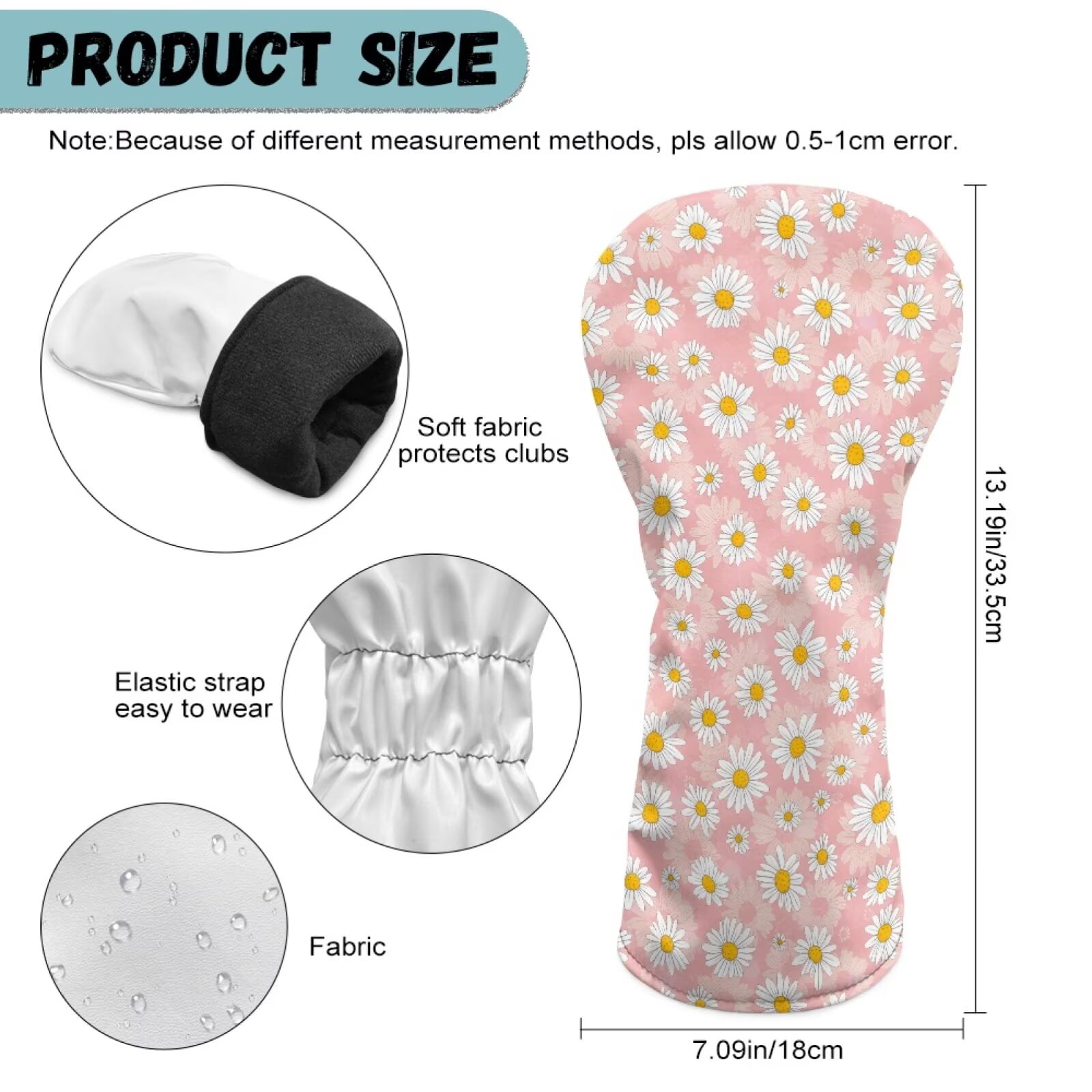 Uorisanigo Golf Club Head Cover, Premium Pink Daisy Golf Head Covers, PU Leather Driver Headcover, Stain-Resistant Hybrid Headcover, Fairway Wood Headcovers, Set of 3