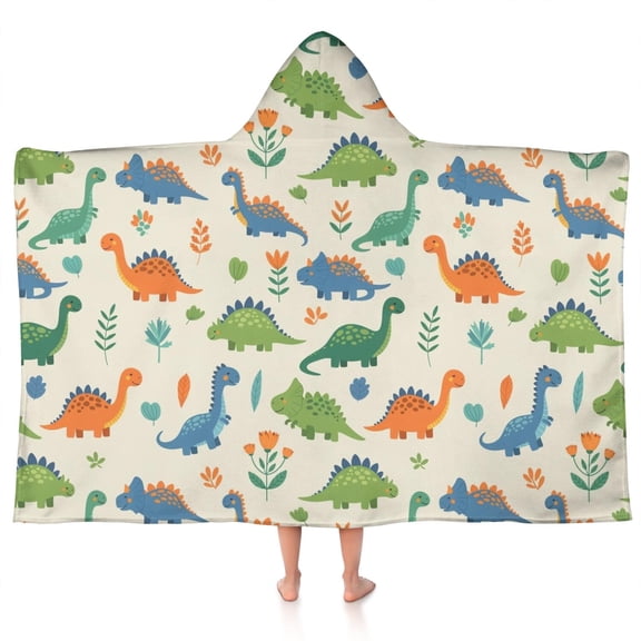 Beige Dinosaur Pattern Hooded Bath Towel,50"x30" for Ages 3 To 12 Kids, Quick Dry Lightweight Soft Microfiber Hood Beach Towel Cover Up for Kids