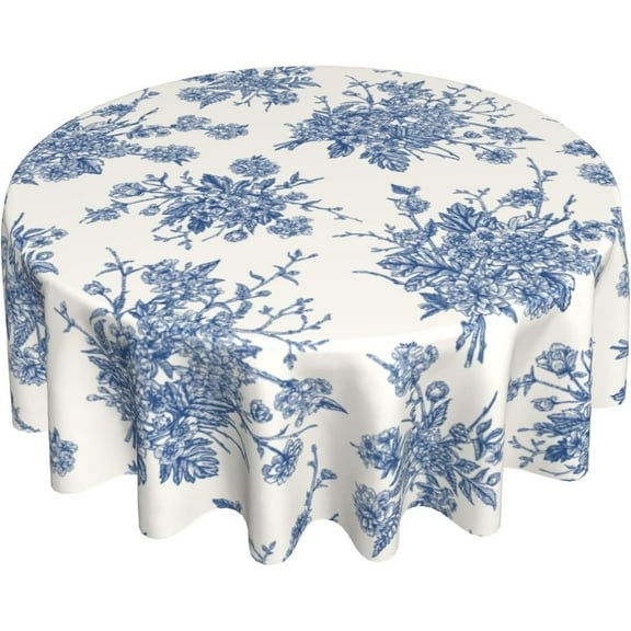 Vintage Flower Round Tablecloth 60 Inch Beige and Blue Floral Decorative Table Cloth Spring Summer Cover Farmhouse For Holiday Parties Dining Living Room Kitchen Decor