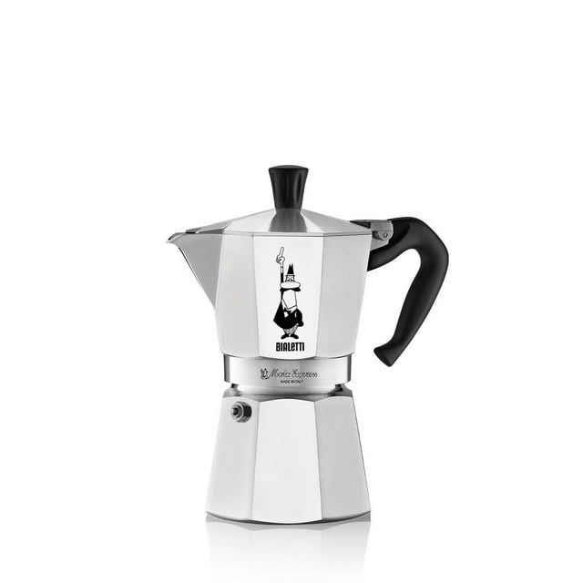 Bialetti Moka Express Moka Pot 3 Cups, silver aluminum stovetop espresso maker with black ergonomic handle and knob, octagonal shape featuring the Bialetti mascot logo, compatible with gas, electric, and ceramic hobs, made in Italy for authentic Italian coffee brewing.