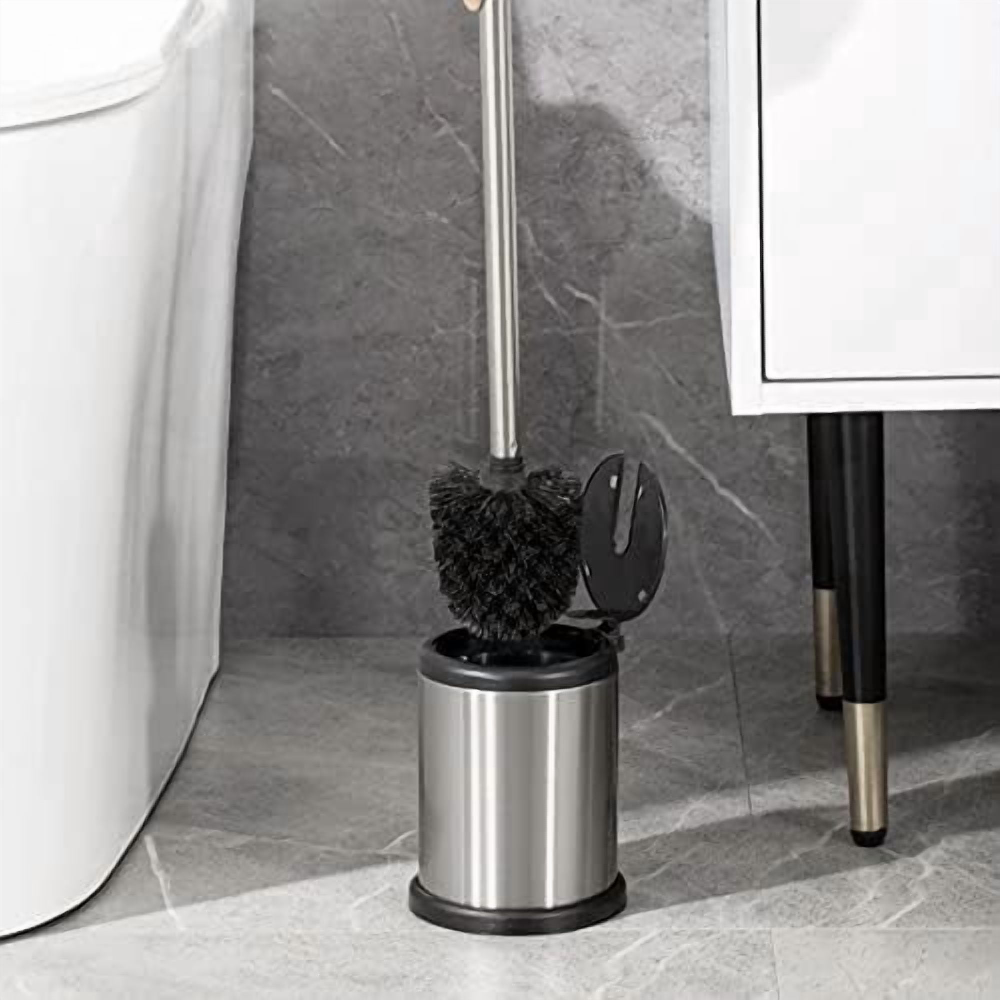 Stainless Steel Toilet Bowl Brush and Holder set for Deep Cleaning,Bowl Scrubber Brush with Lid for Bathroom,Deluxe Freestanding Toilet Brush and Plunger Combo