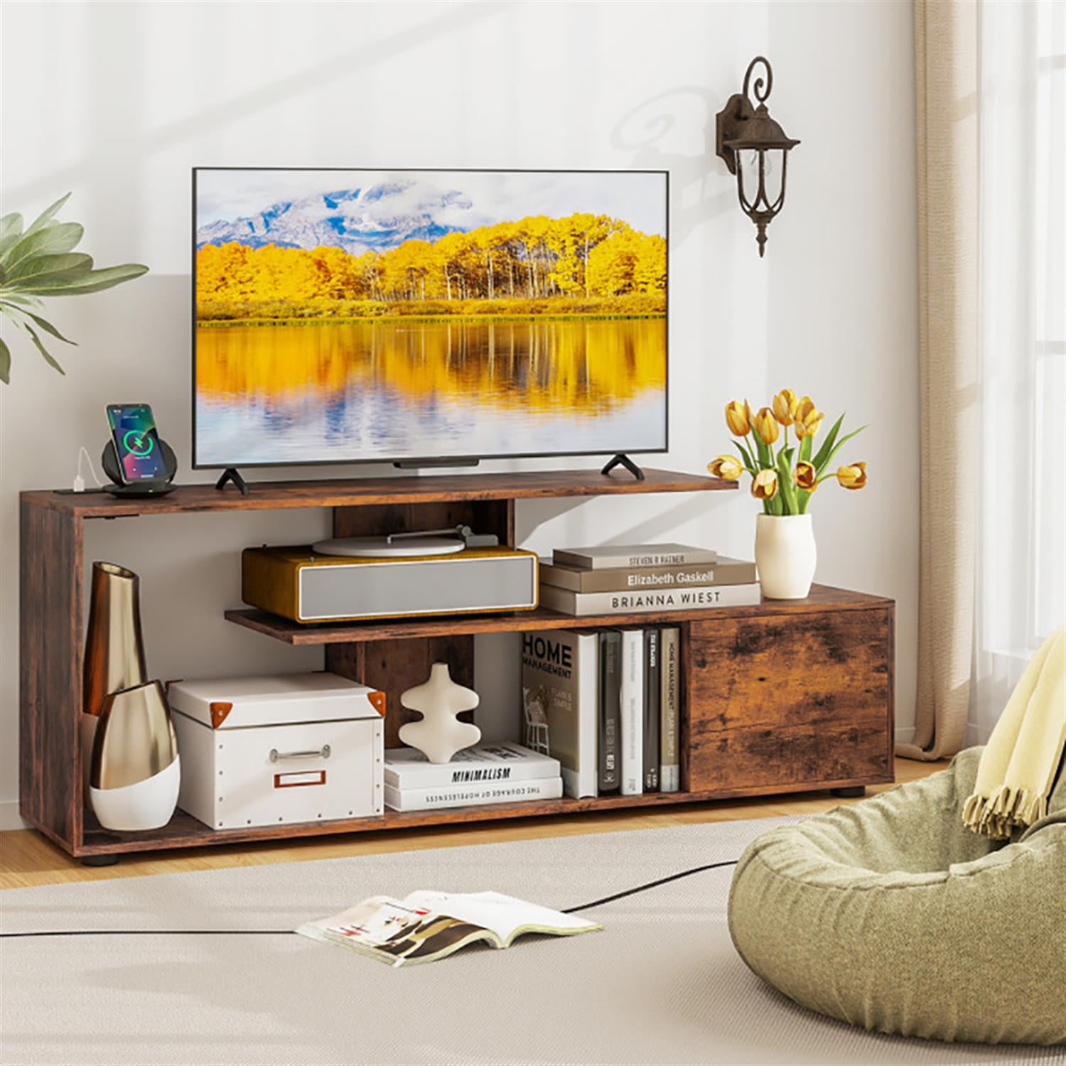 Demi Bonn TV Stand for 60" TVs, Entertainment Center with Power Outlet, Modern Media TV Console Table for Living Room Bedroom, Brown