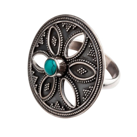 81stgeneration Women's Sterling Silver Turquoise Disc Tribal Round Flower Ring