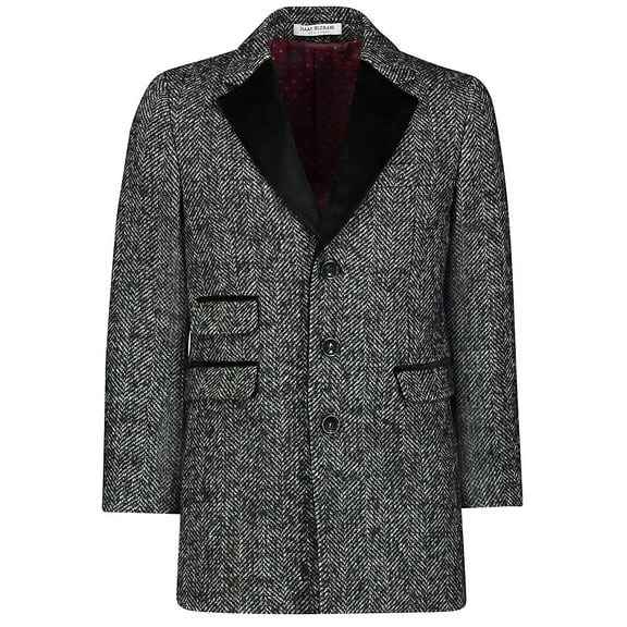 Isaac Mizrahi Boy's CT1020 Velvet Lapel Wool Overcoat - Herringbone - 8