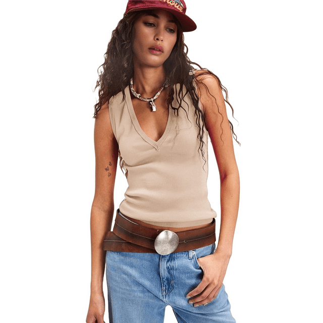 Camisetas Sin Mangas Acanaladas para Mujer, Camisetas de Verano Ajustadas con Cuello en V, Camisetas Casuales Básicas de Punto Sin Mangas Albaricoque L