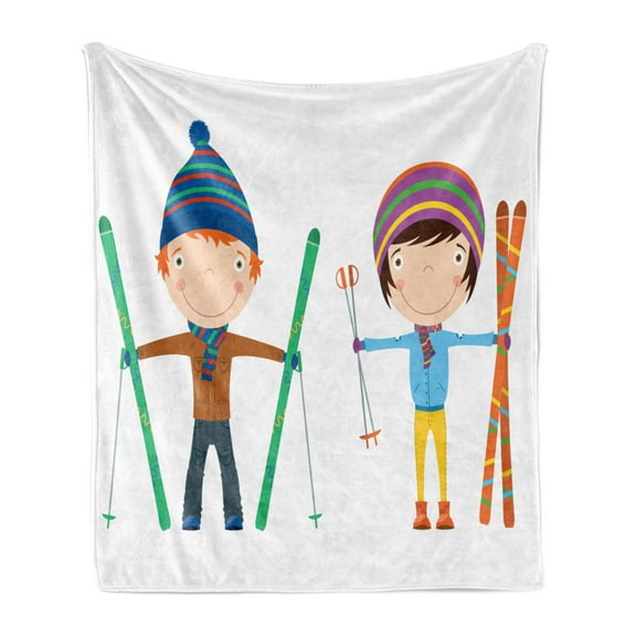 Sports Soft Flannel Fleece Throw Blanket, Funny Siblings Girl and Boy with Skis Winter Fun Hobby Activity Children Print, Cozy Plush for Indoor and Outdoor Use, 70" x 90", Multicolor, by Ambesonne