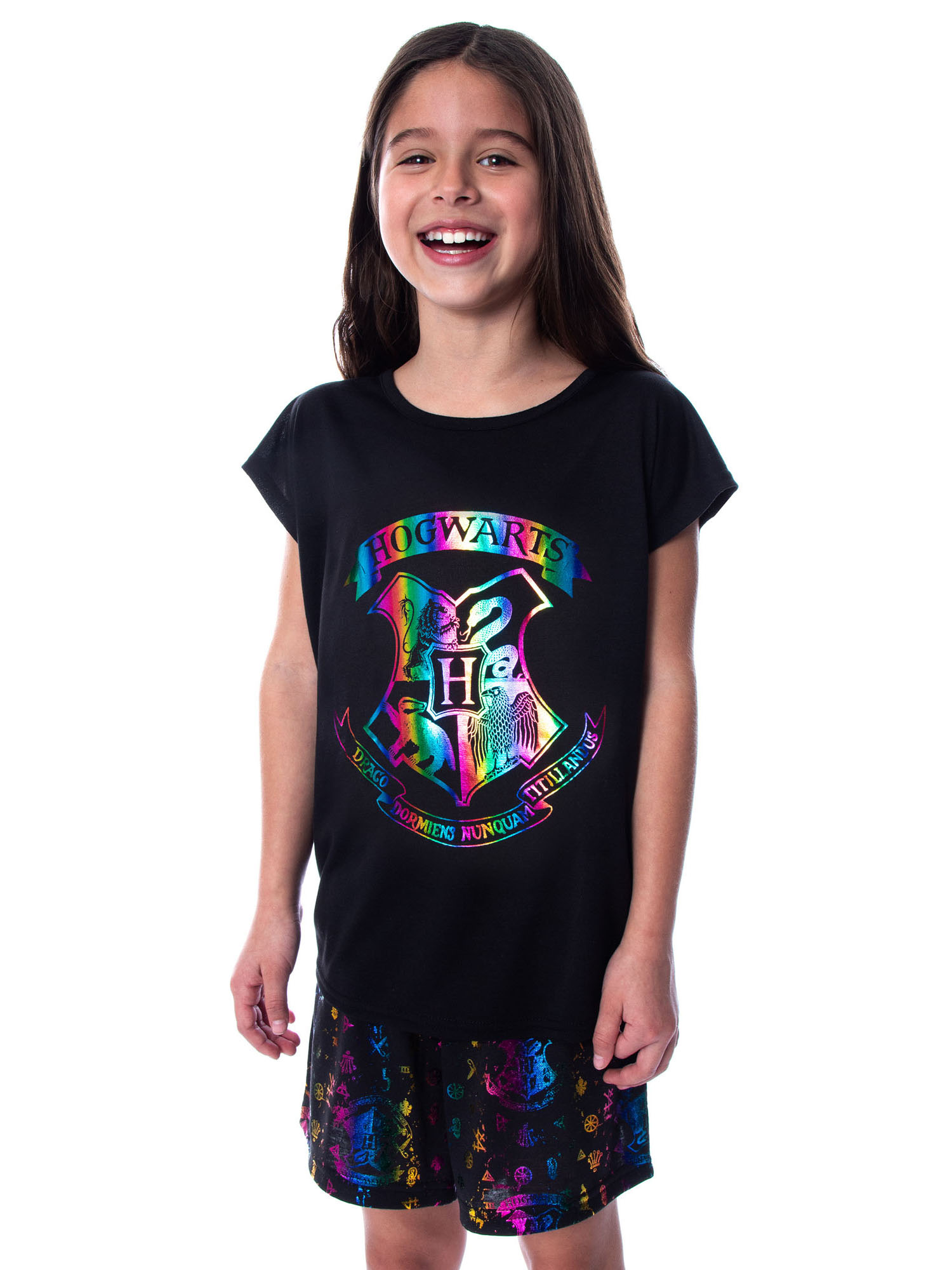 Harry Potter Pajamas Girls Hogwarts Rainbow Hologram Sleep Shirt Short Set Gryffindor, Hufflepuff, Slytherin, Ravenclaw