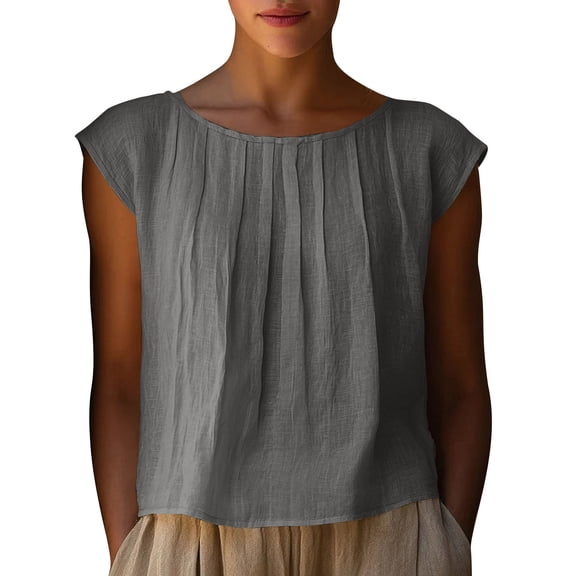 Qiopertar Linen Top for Women Lace Sleeve Round Neck Casual Cropped Shirt Spring Summer Basic Blouse Short Sleeve Relaxed Fit Boho Vacation Beach Party