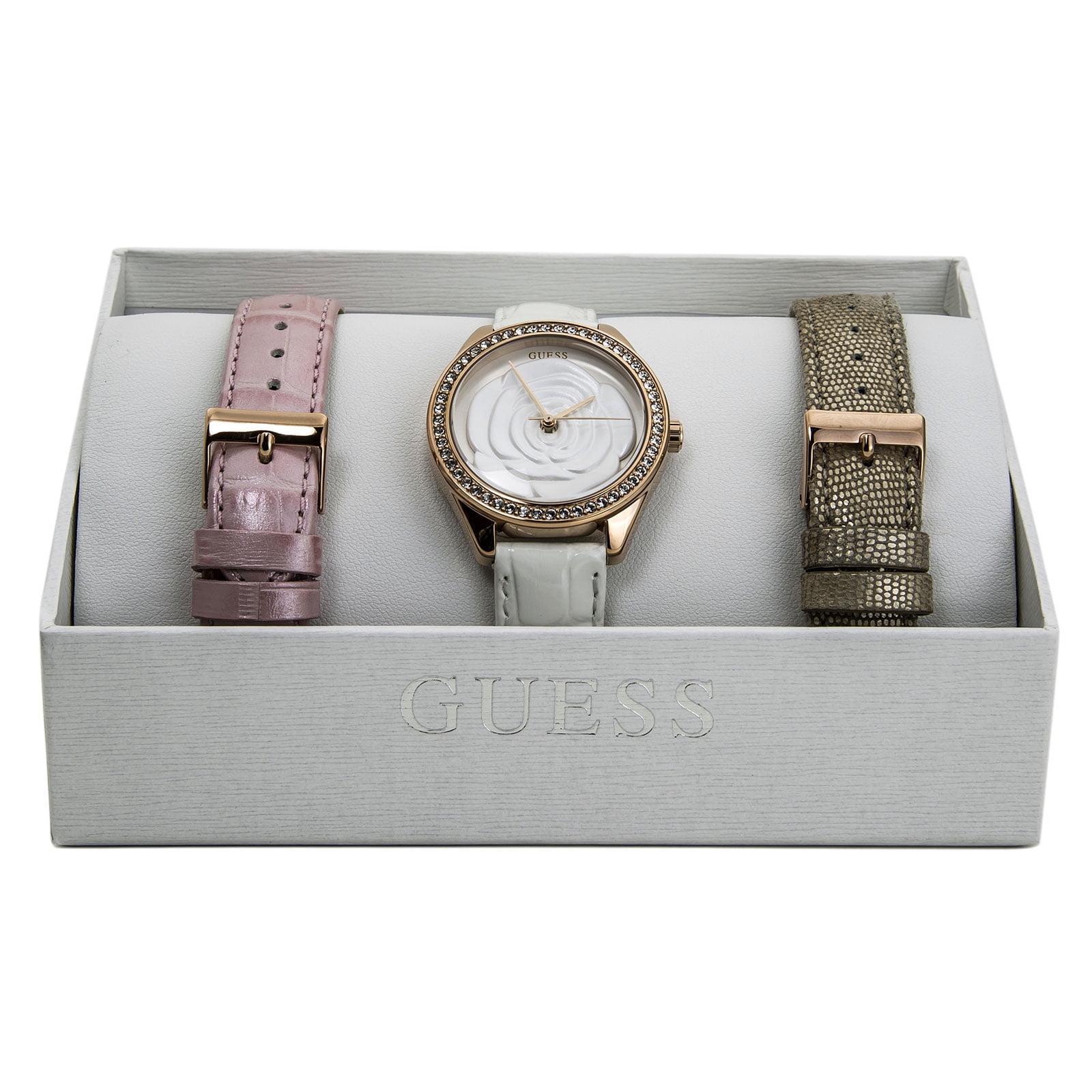 GUESS Women's U0215L1 White Dial Rose Gold Steel Interchangeable