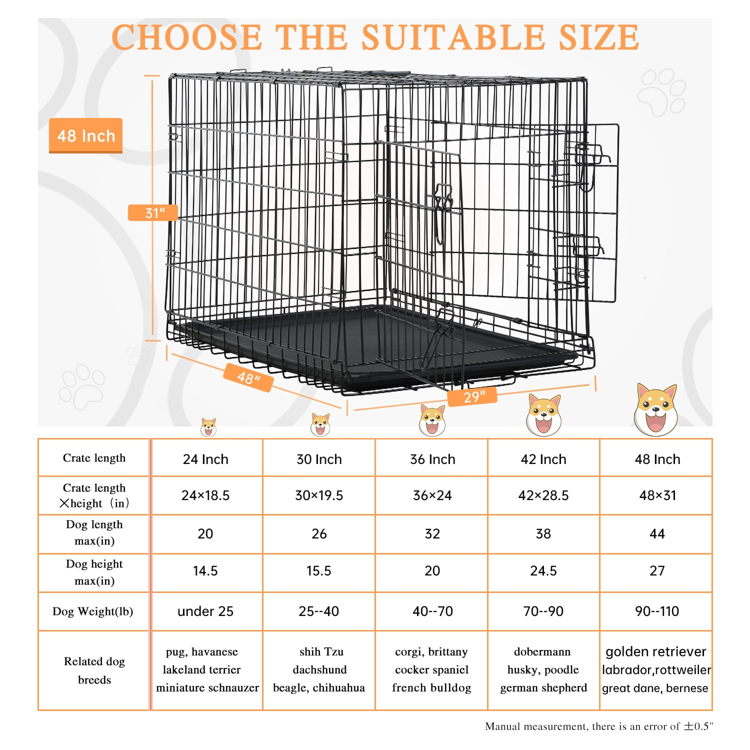 24 Inch Small Dog Crate for Puppy, Metal Wire Pet Cage Indoor Outdoor Use, Foldable Kennel with Divider Panel, Leak Proof Plastic Tray, Black