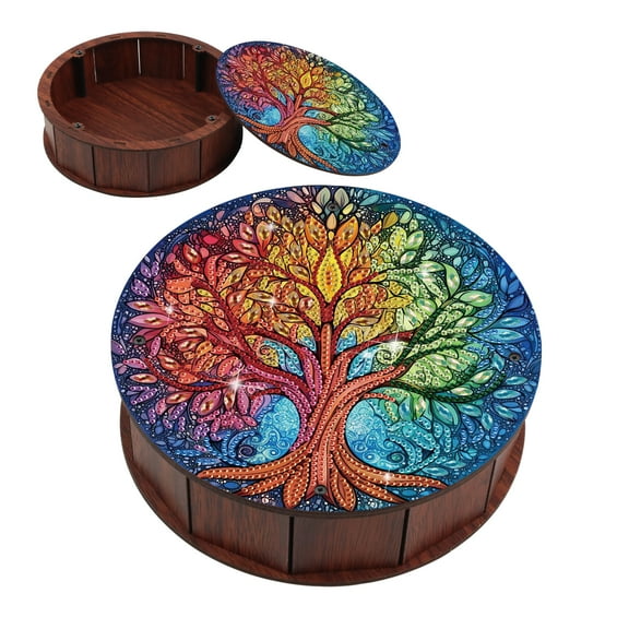 DIY Diamond Painting Kit Round Storage Box, Colourful Tree Pattern Tray Decorative Craft, Desktop Item Storage, Multifunctional Creative Holiday Gift