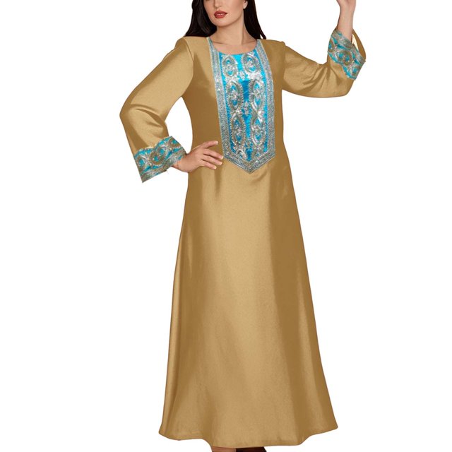 Daznico Robes pour Femmes Ajustées et Flatteuses Toutes Tailles, Femmes Abaya Brodée de Sequins Solides Kaftan Africain Turc Manches Longues Col Rond Robe de Soirée, Robes pour Femmes