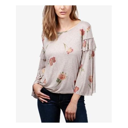 LUCKY BRAND Womens Beige Ruffled Knit Printed Bell Sleeve Jewel Neck Blouse Top Size: L