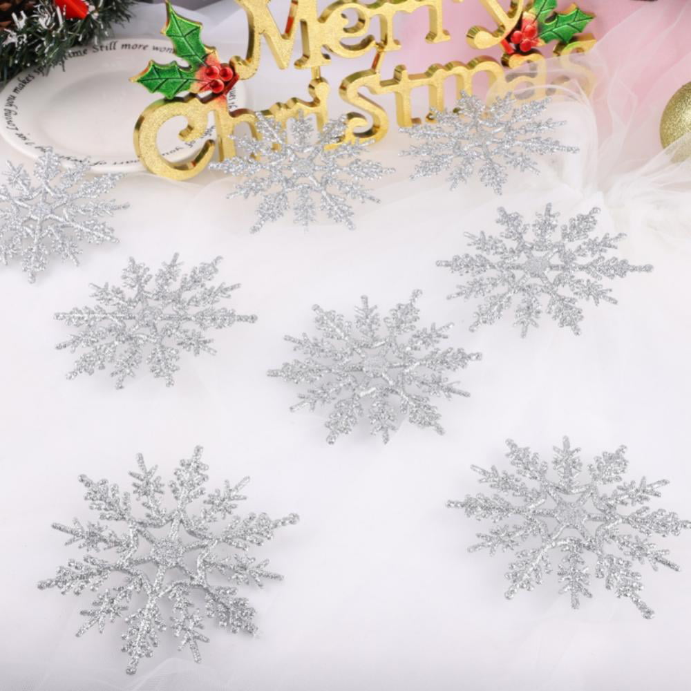 Whaline 40pcs Silver Glitter Snowflake Winter Snowflake Ornaments Christmas Hanging Decorations with 197 Inches Silver Rope for Wedding Birthday