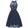 thumbnail image 2 of IBTOM CASTLE Women Vintage Floral Lace Chiffon Sleeveless Pleated Halter Short Bridesmaid Dress A Line Swing Party Cocktail Dress M Navy Blue, 2 of 7