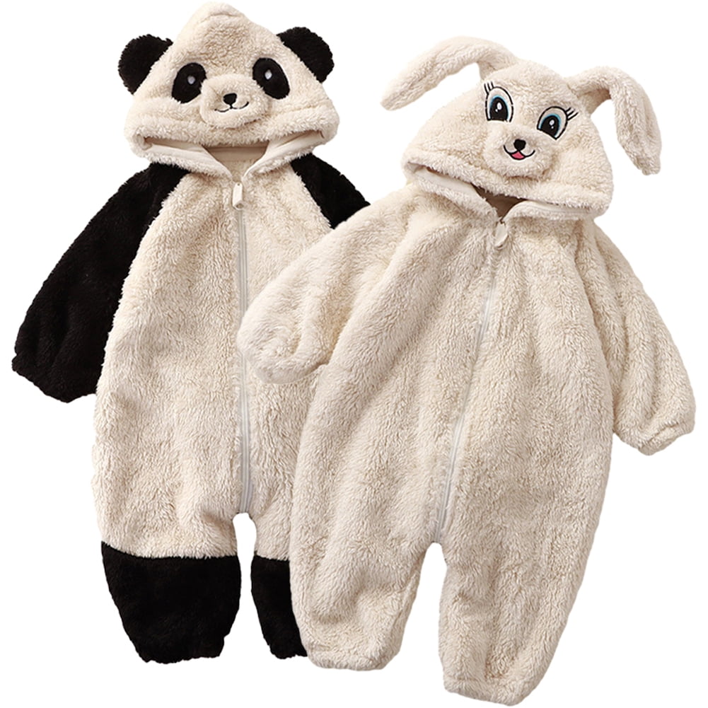 Godderr Newborn Baby Cartoon Jumpsuit Toddler Warm Hooded Rompers Fleece Onesies Loungewear Infant Winter Outfits,Cute Bear Ear Bodysuits Outwear Baby Boys Girls Romper Pajamas for 1M-2Y