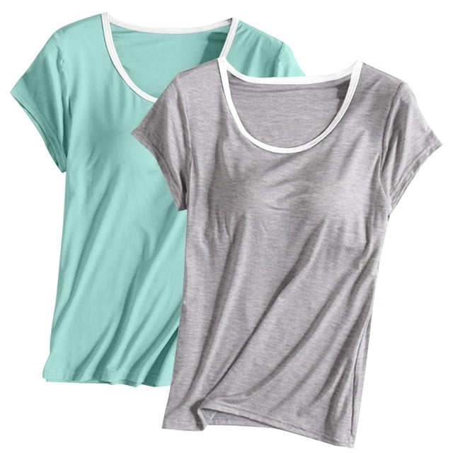 TIMIFIS 2PC Women's Modals Built-in Bra Pajama Tops Solid Color Crew Neck Short-sleeved T-Shirt Loungewear
