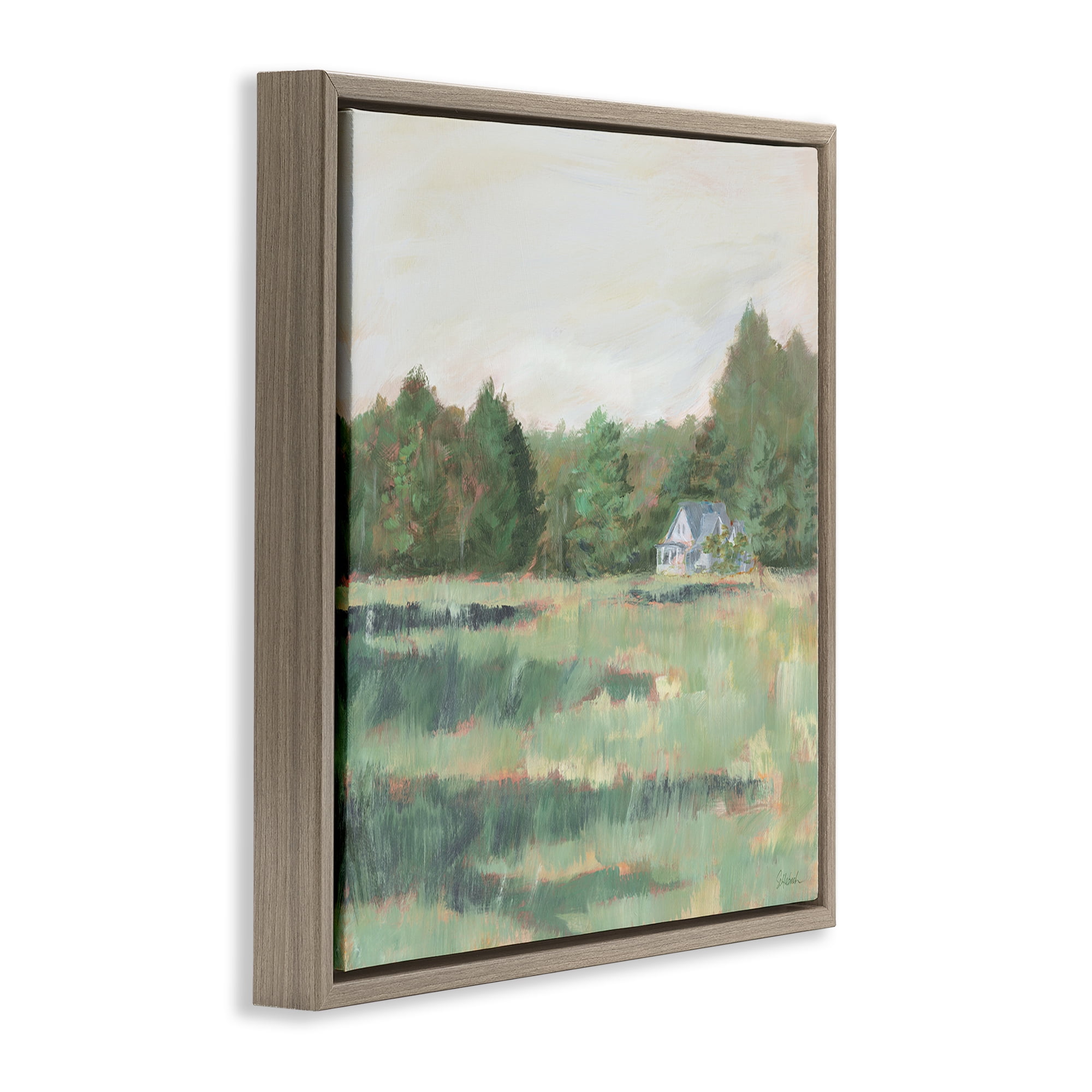 Stupell Industries Farmhouse Across Meadow Landscape Painting Brown Floater Framed Art Print Wall Art, 18 x 18
