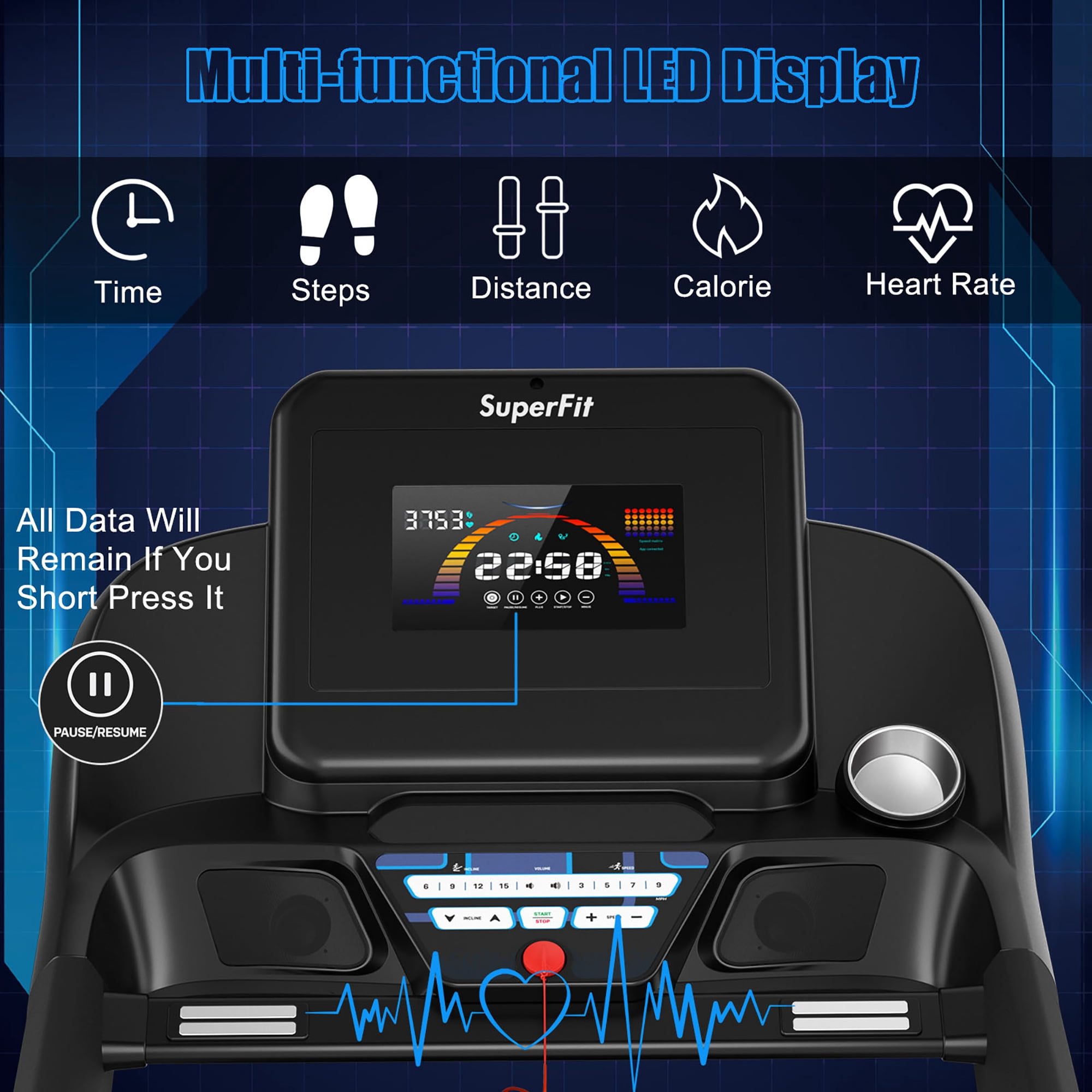 SuperFit 4.75HP Electric Folding Treadmill W/APP Auto Incline Preset Programs Speakers